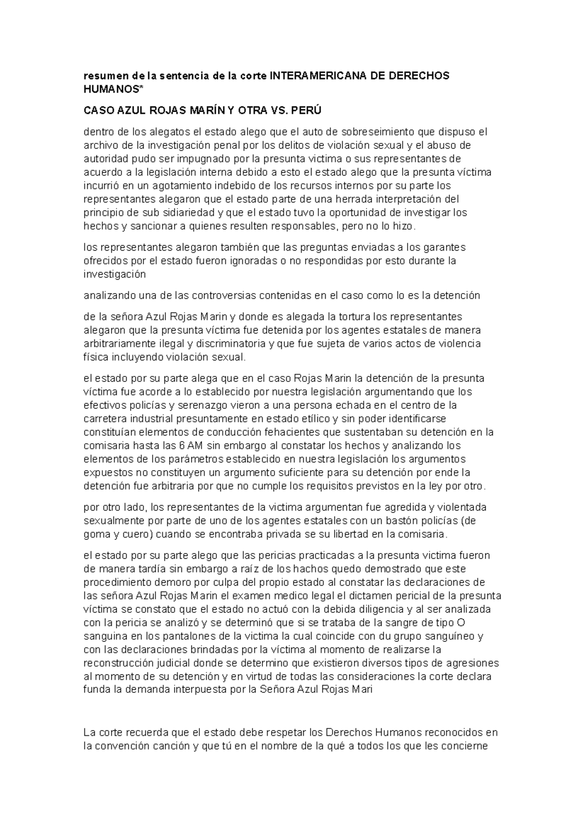 Resumen De La Sentencia De La Corte Interamericana DE Derechos Humanos ...