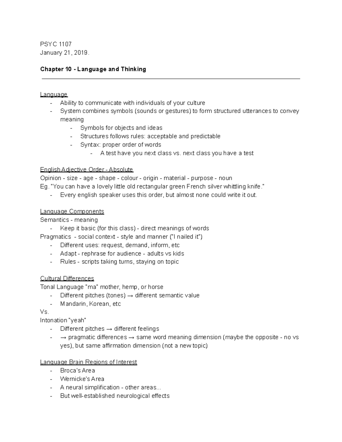Chapter 10 - Language and Thinking - PSYC 1107 January 21, 2019 ...