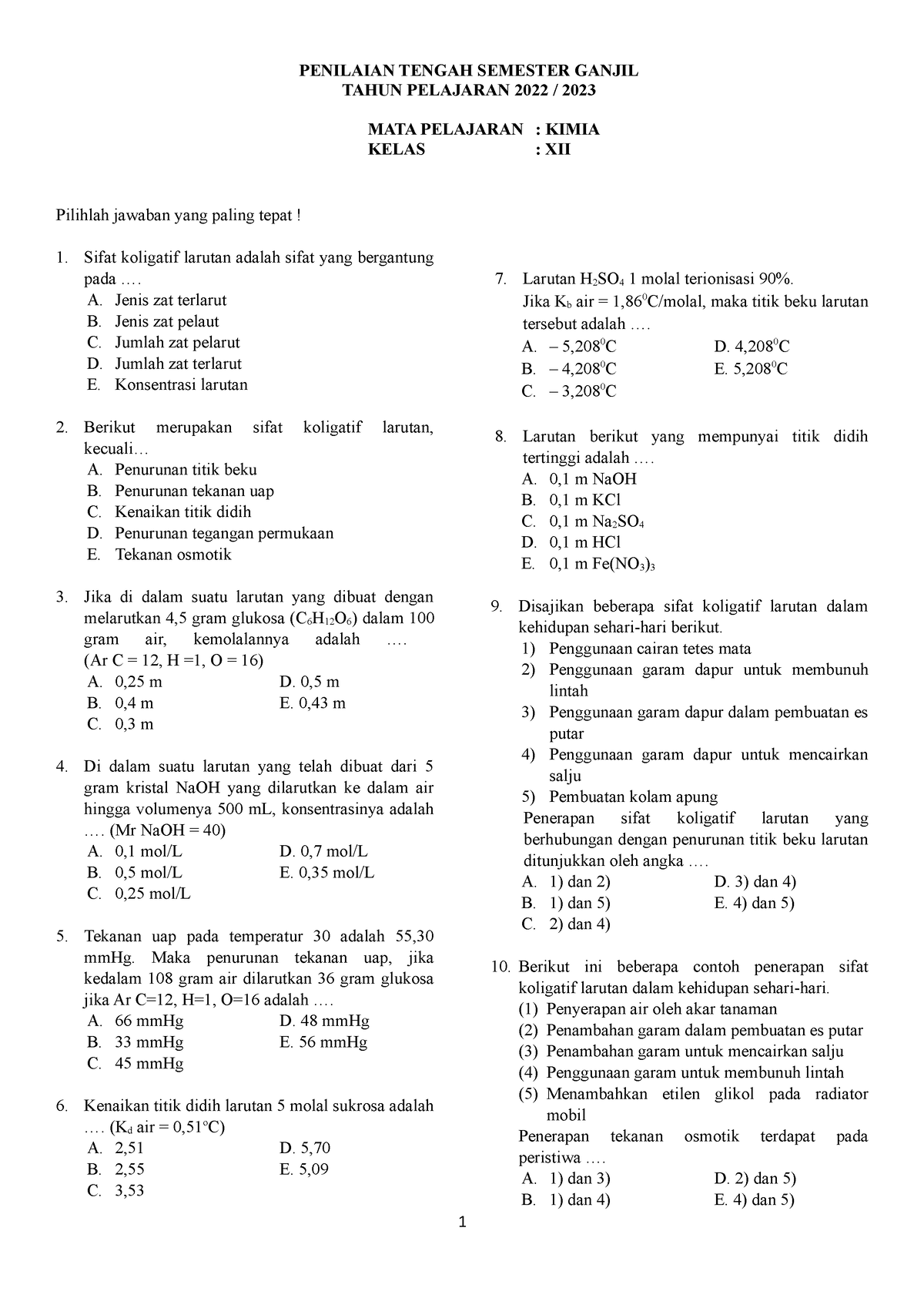 Soal Mid Kimia XII - Evaluasi Pembelajaran IPA - UNIMED - Studocu