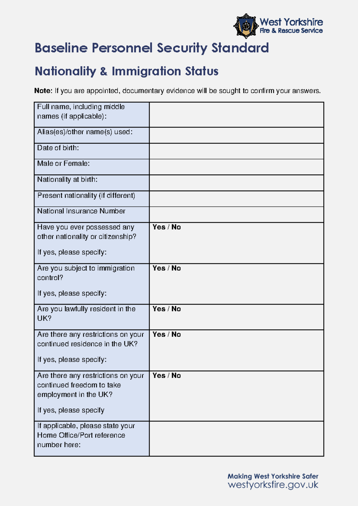 BPSS Forms ASSIGMENTS DETAILS Baseline Personnel Security Standard