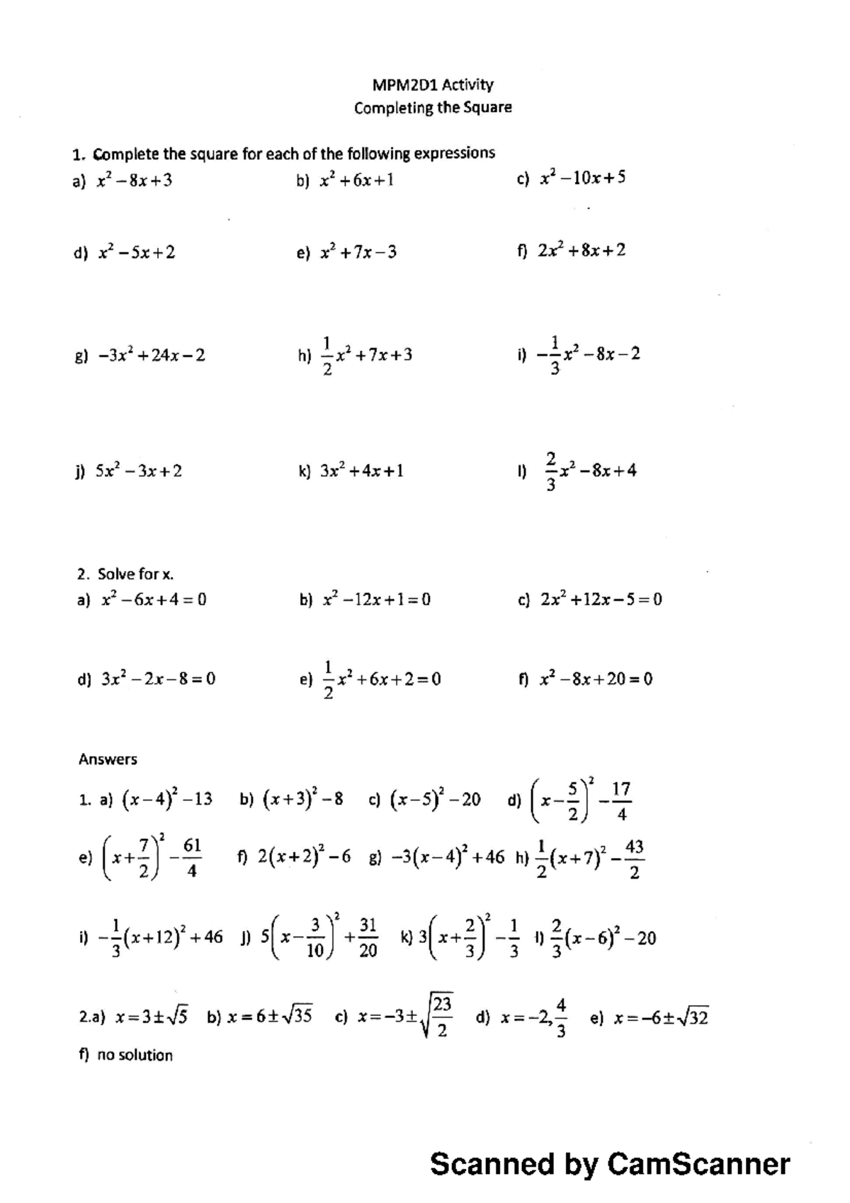 Completing the Square - Scanned by CamScanner - Studocu