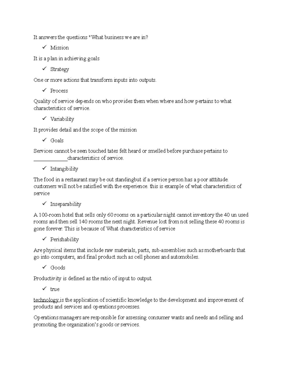 Operation Management Quiz type - It answers the questions 