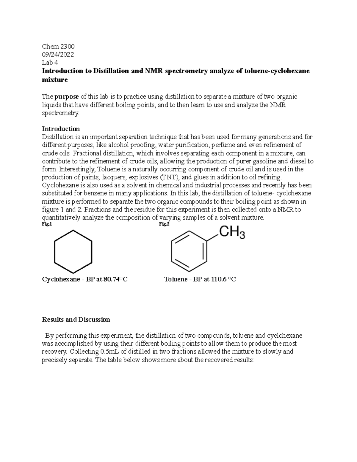 Lab report 4 distillation techniques Chem 2300 09/24/ Lab 4