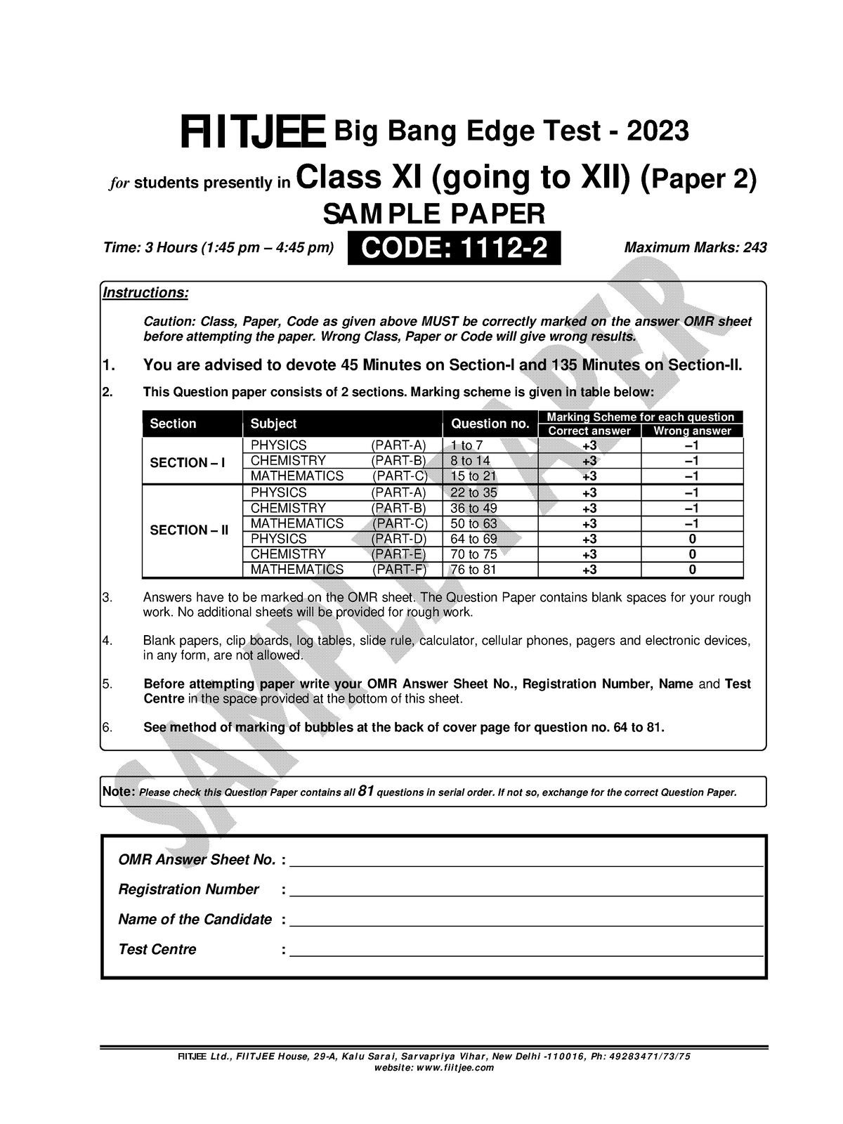 Sample Paper-BBE-2023- Class-XI-P2-PCM - FIITJEE Ltd., FIITJEE House ...