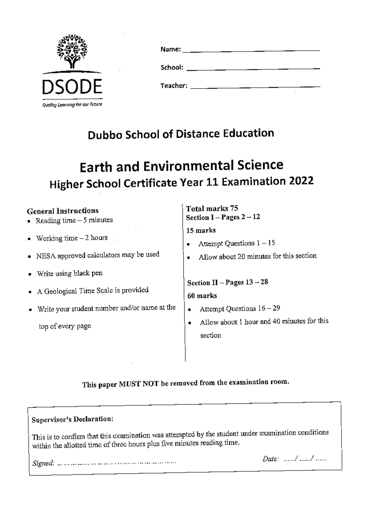 AT3 Exam - no answers provided - Name: School: DSODE Teacher: Quality ...