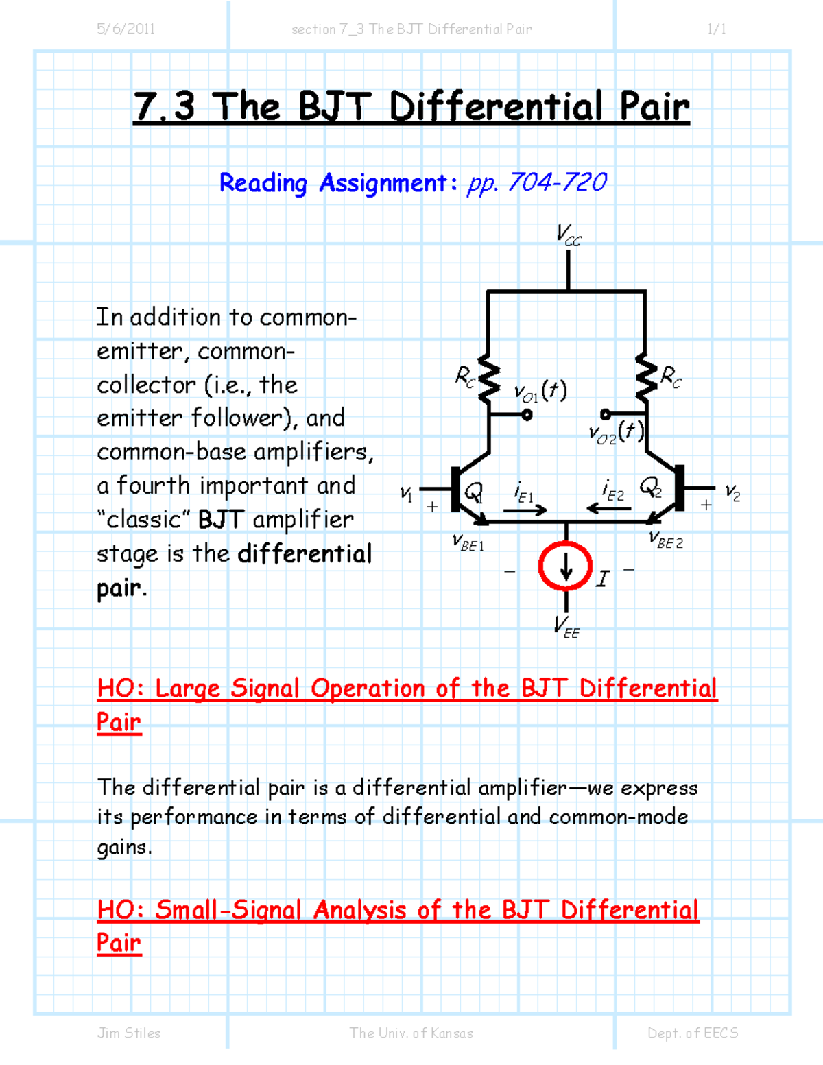 Section 7 3 The BJT Differential Pair lecture 5/6/2011 section 7_3