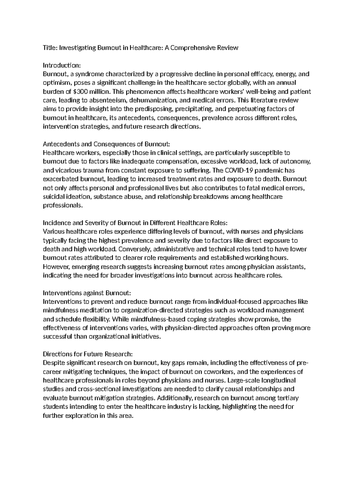 Example (2) lit review - Title: Investigating Burnout in Healthcare: A ...