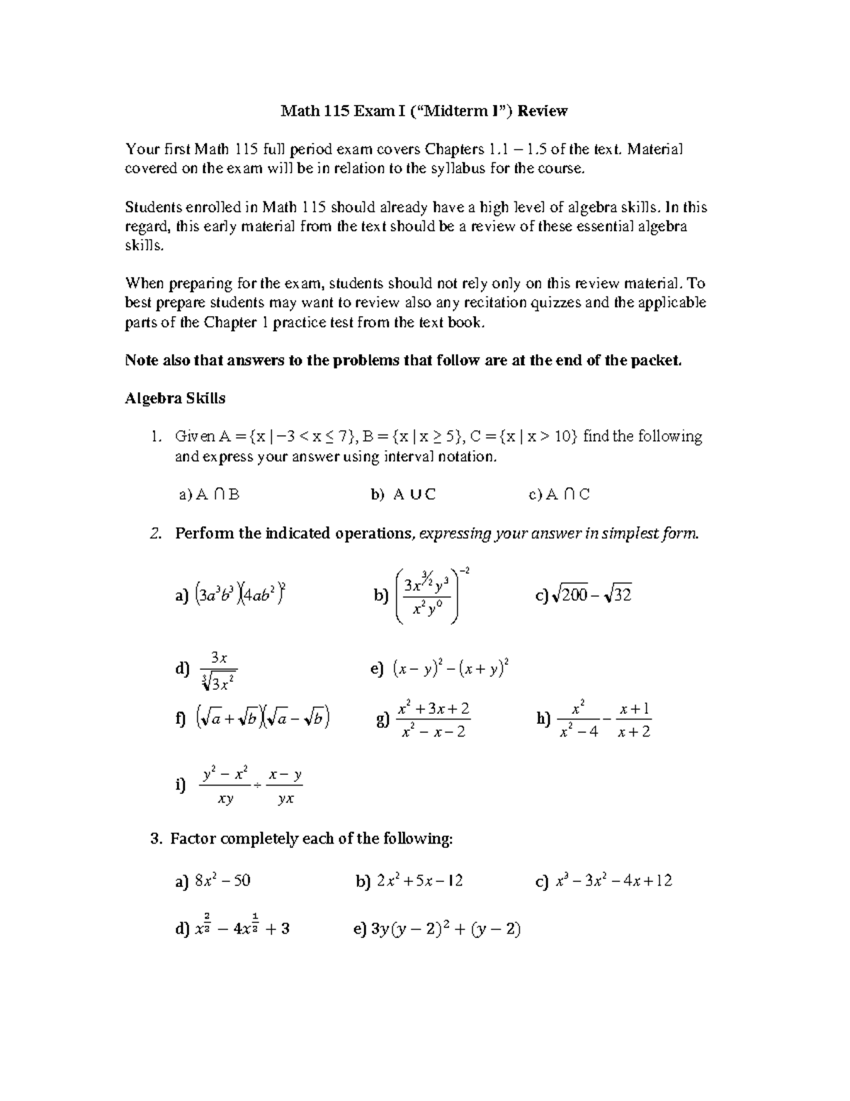 Math 115 Exam 1 Review Exercises Fall 2022 (1) - Math 115 Exam I ...