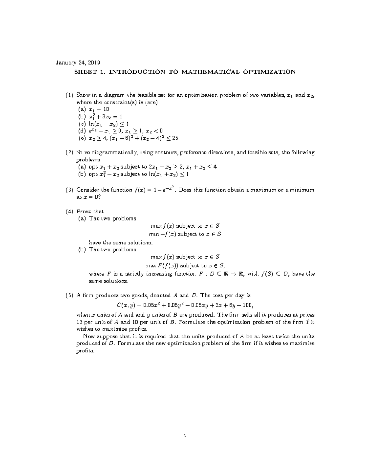 Sheet 1- Intro to Optimization - January 24, 2019 SHEET 1. INTRODUCTION ...