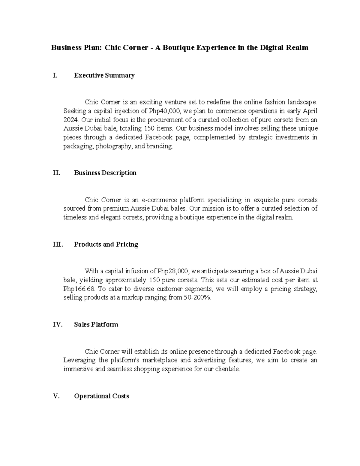 BusinessPlan Lecture notes Business Plan Chic Corner A Boutique