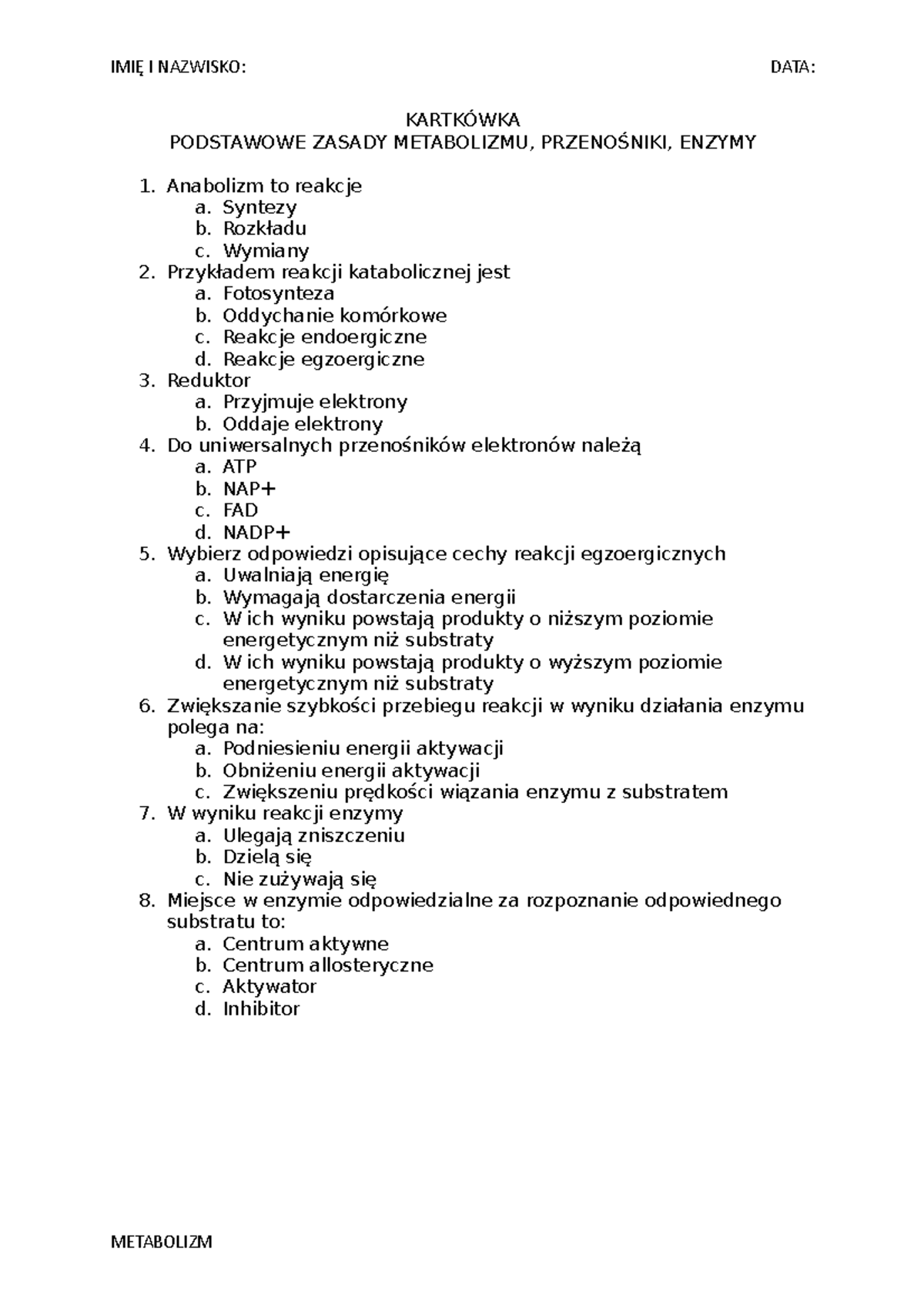 Metabolizm Nowa Era Sprawdzian Rozszerzony Grupa B www.studocu.com
