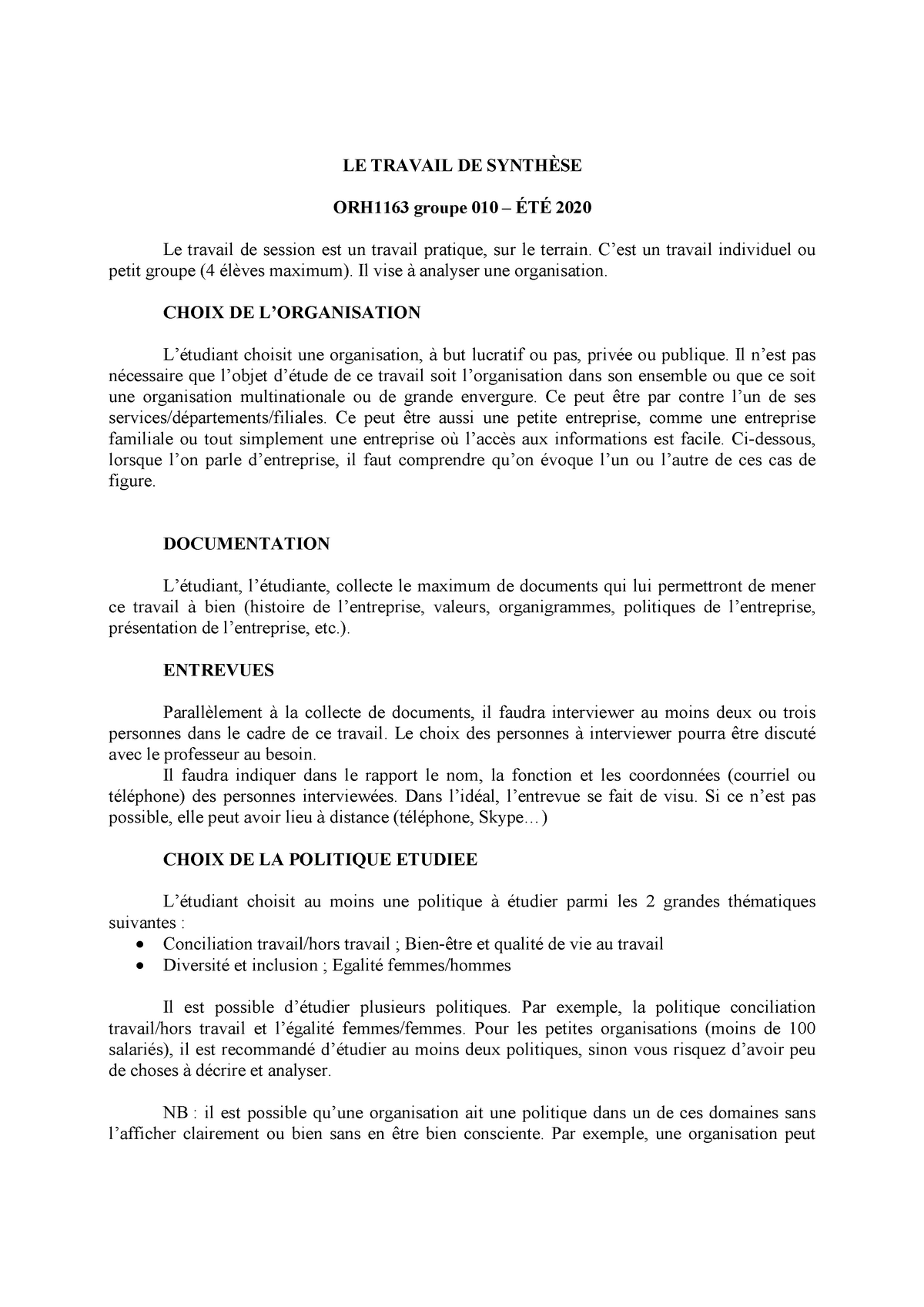 Travail De Synthese Consignes Le Travail De Synthese Orh1163 Groupe 010 Ete 2020 Le Travail De Studocu