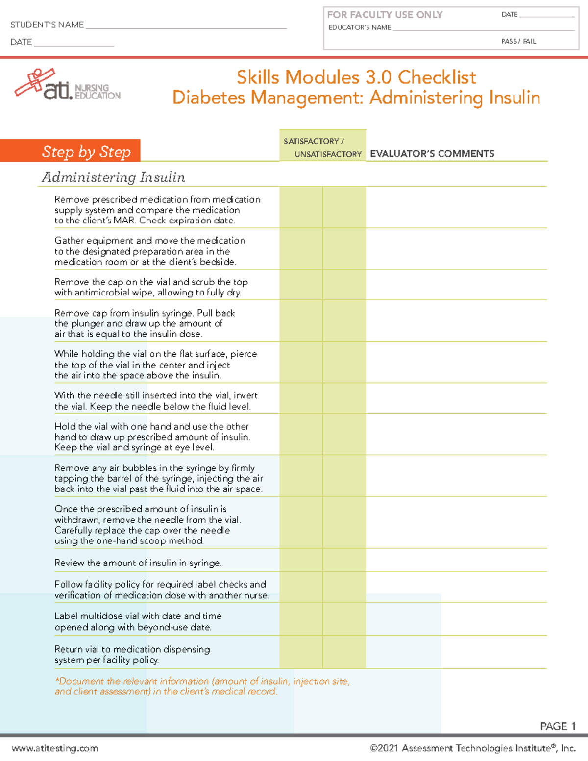 ATI Diabetes Management checklist when administering insulin EDUCATOR IMPLEMENTATION GUIDE