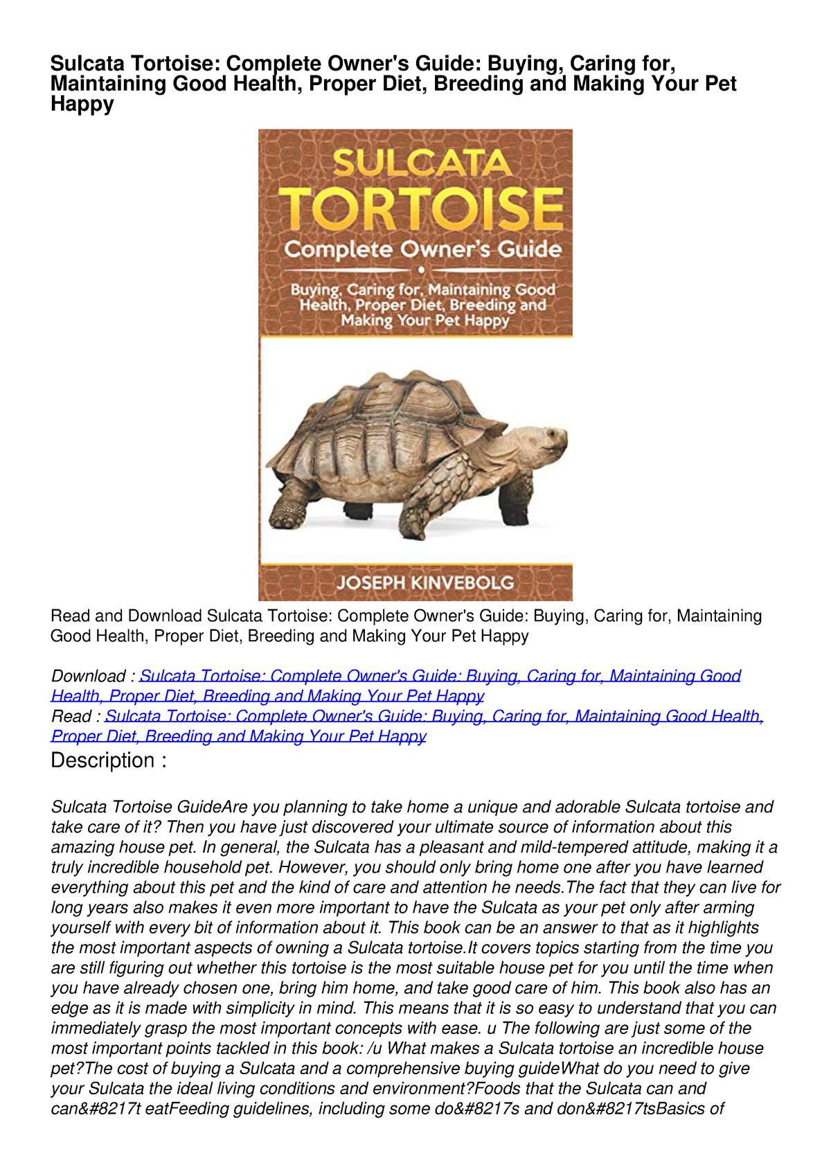 Read ebook [PDF] Sulcata Tortoise: Complete Owner's Guide: Buying ...