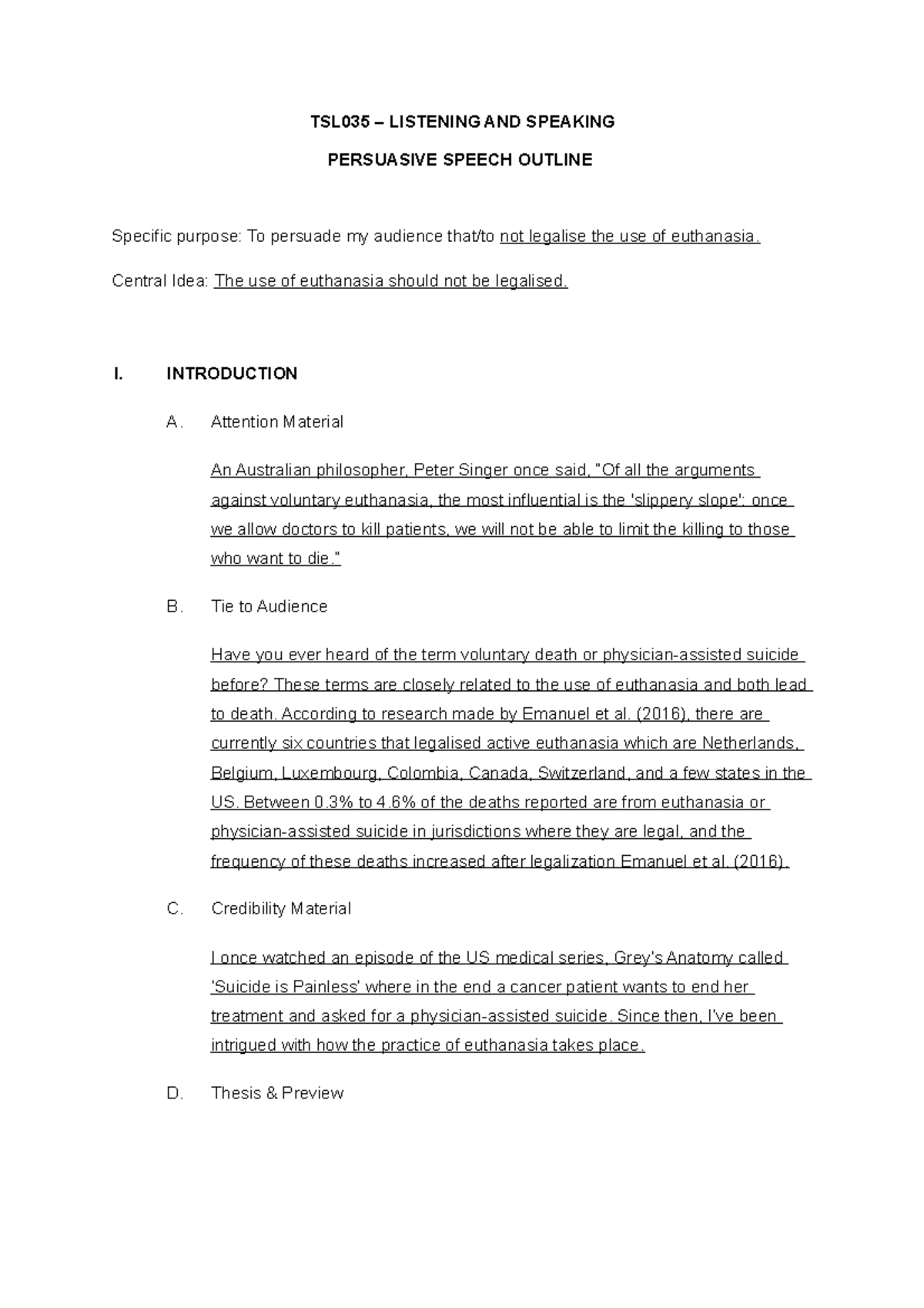 Persuasive Speech Outline Template TSL035 LISTENING AND SPEAKING