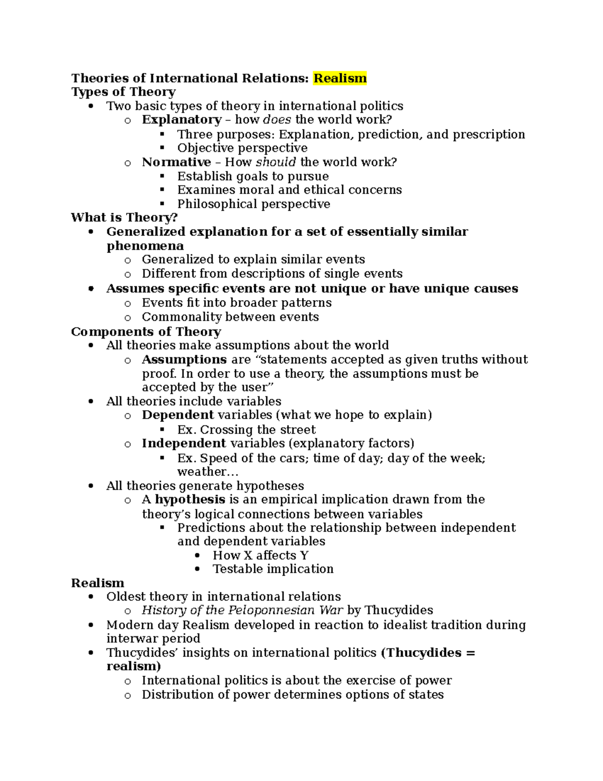 PSC 116G Notes Part 1 - Theories of International Relations: Realism ...