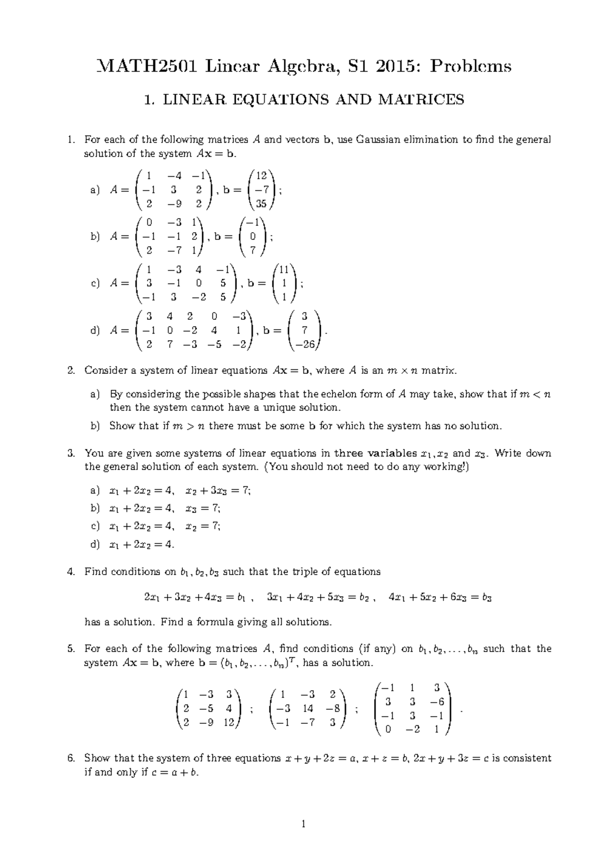 Linear Algebra Practice - MATH2501 - UNSW Sydney - Studocu