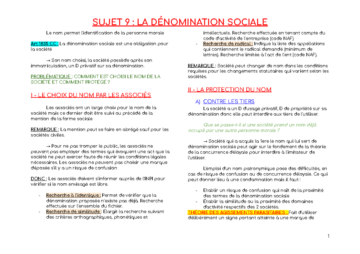 Sujet 9 LA Dénomination Sociale SUJET 9 LA DÉNOMINATION SOCIALE Le nom permet l Sujet 9 LA Dénomination Sociale SUJET 9 LA DÉNOMINATION SOCIALE Le nom permet l