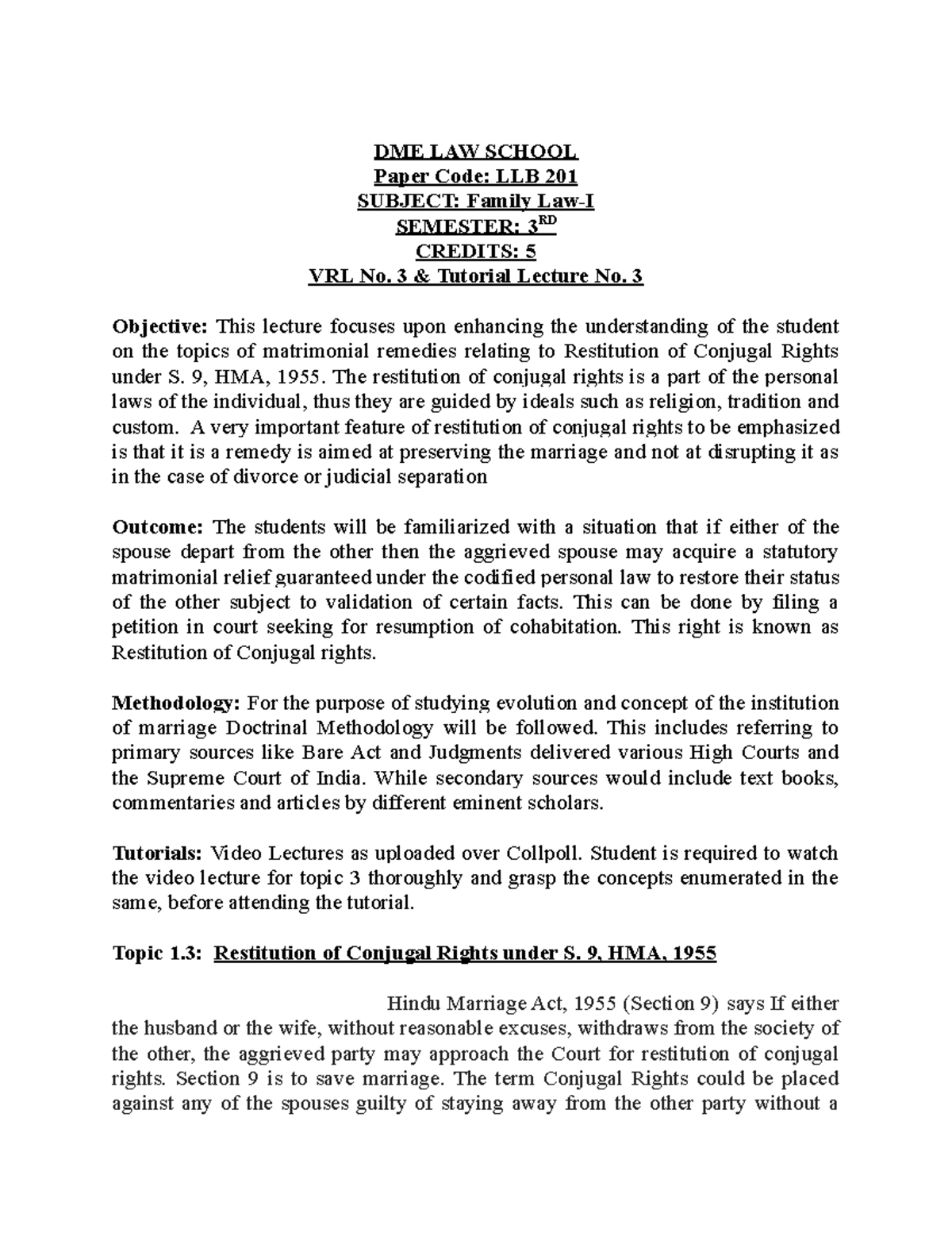 Tutorial 3 Lecture notes 3 DME LAW SCHOOL Paper Code LLB 201