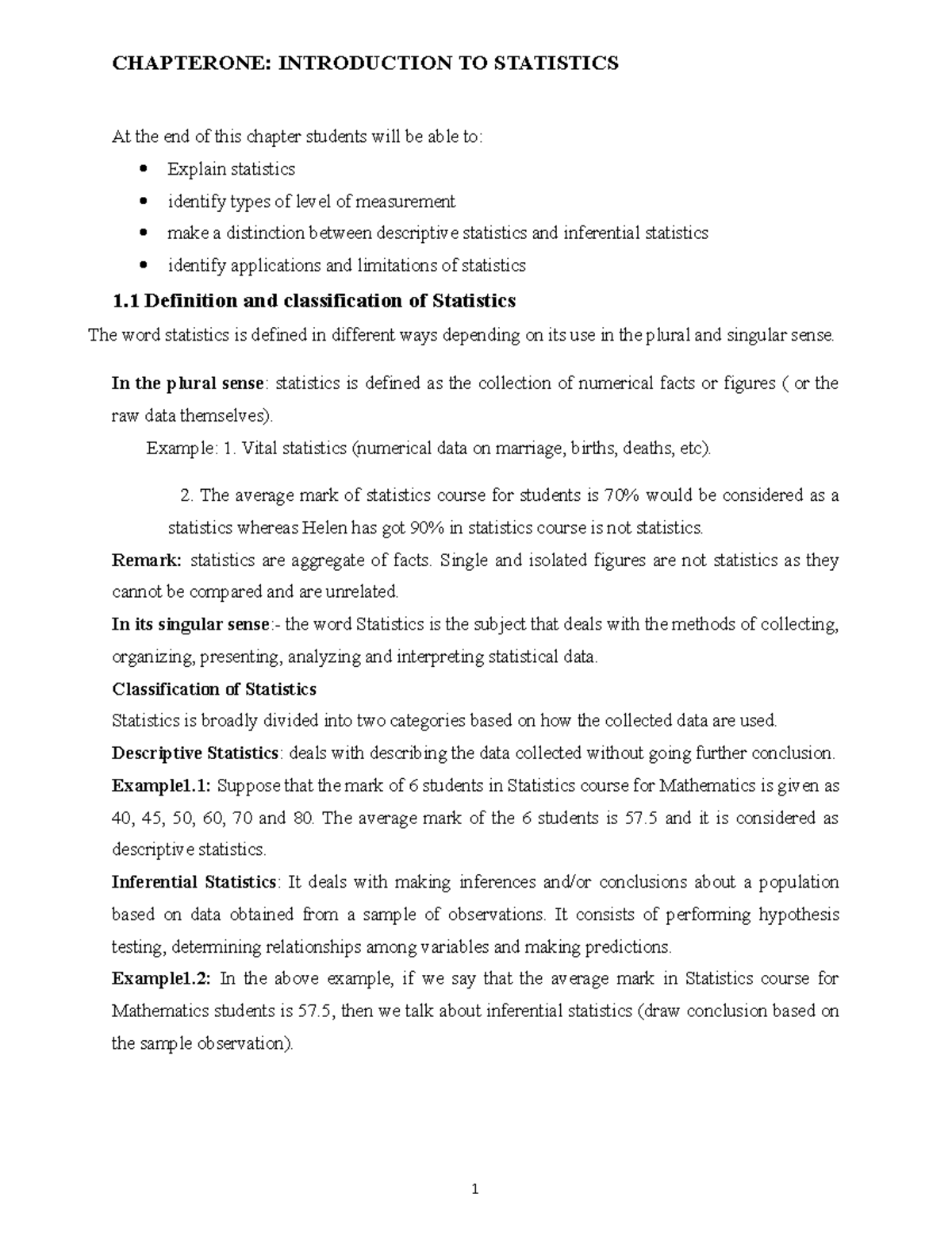 Introduction to Statistics note - CHAPTERONE: INTRODUCTION TO ...