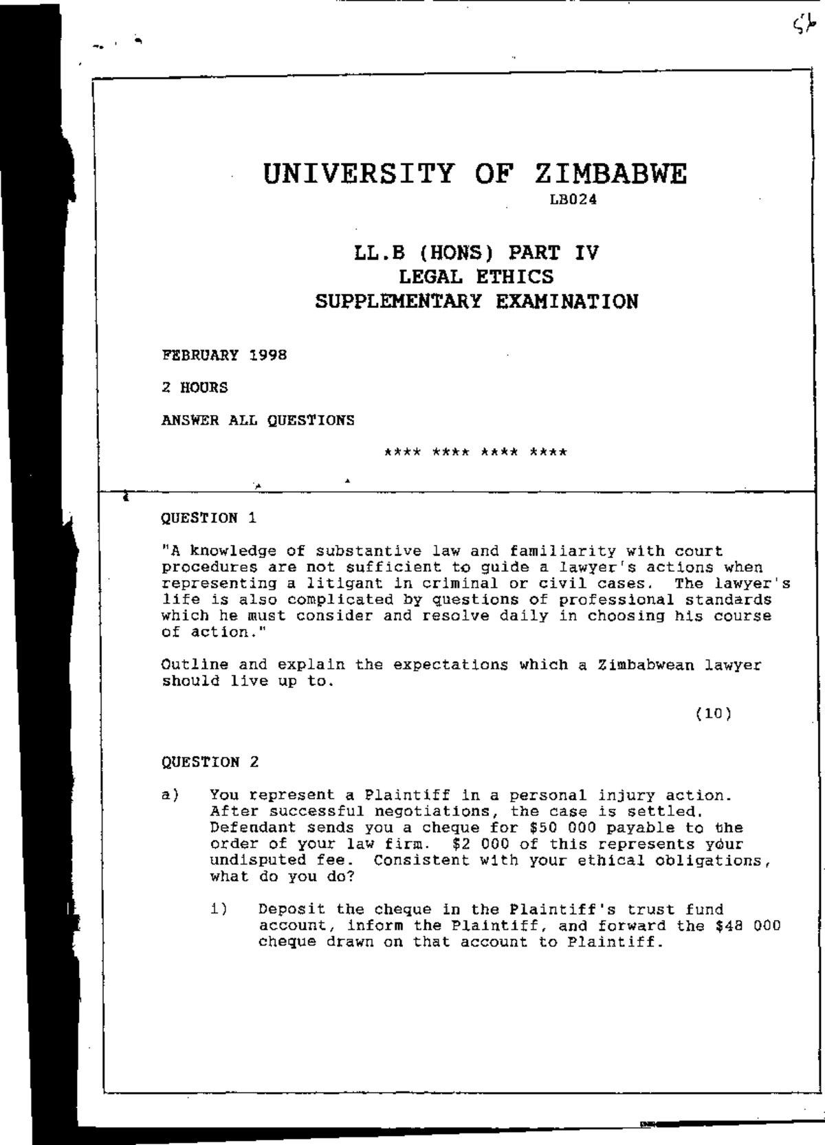 Legal Ethics Feb 1998 Past paper ‘I UNIVERSITY OF ZIMBABWE LB LL