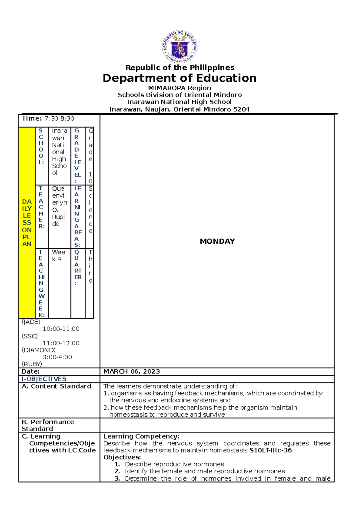 March 06 Lesson Plan Republic Of The Philippines Department Of Education Mimaropa Region 8133