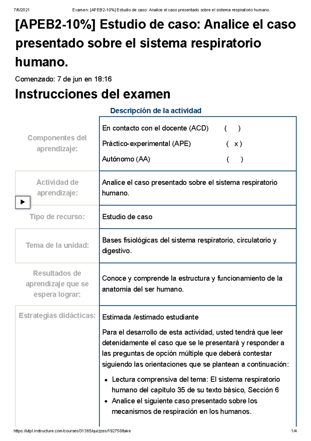 Examen Apeb Estudio De Caso Analice El Caso Presentado Sobre El Sistema Respiratorio