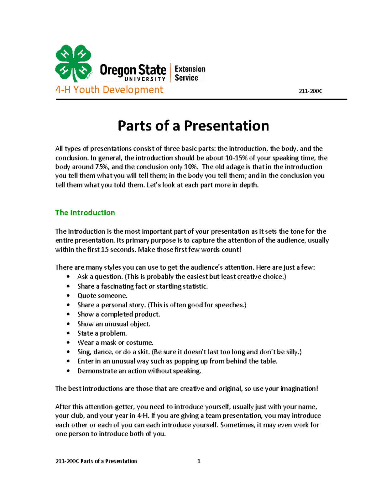 Parts of a presentation - In general, the introduction should be about ...
