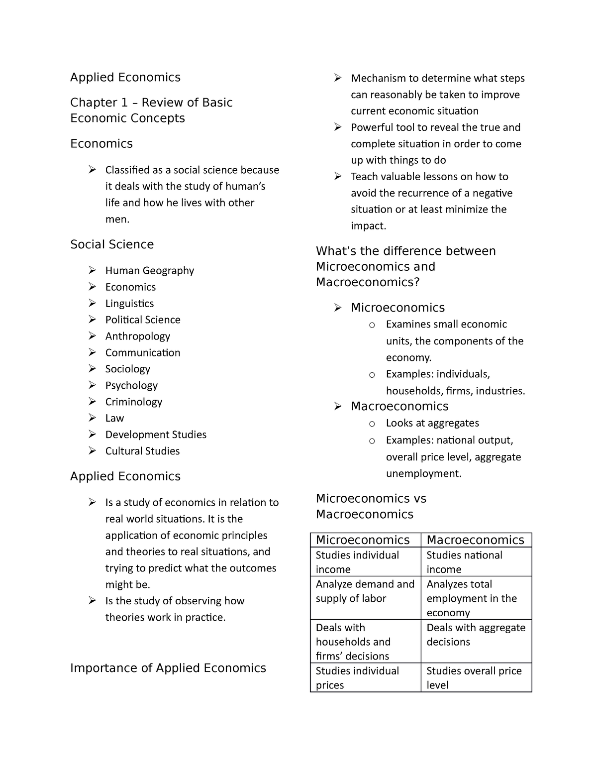 Applied Economics Reviewer Applied Economics Chapter 1 Review Of Basic Economic Concepts 