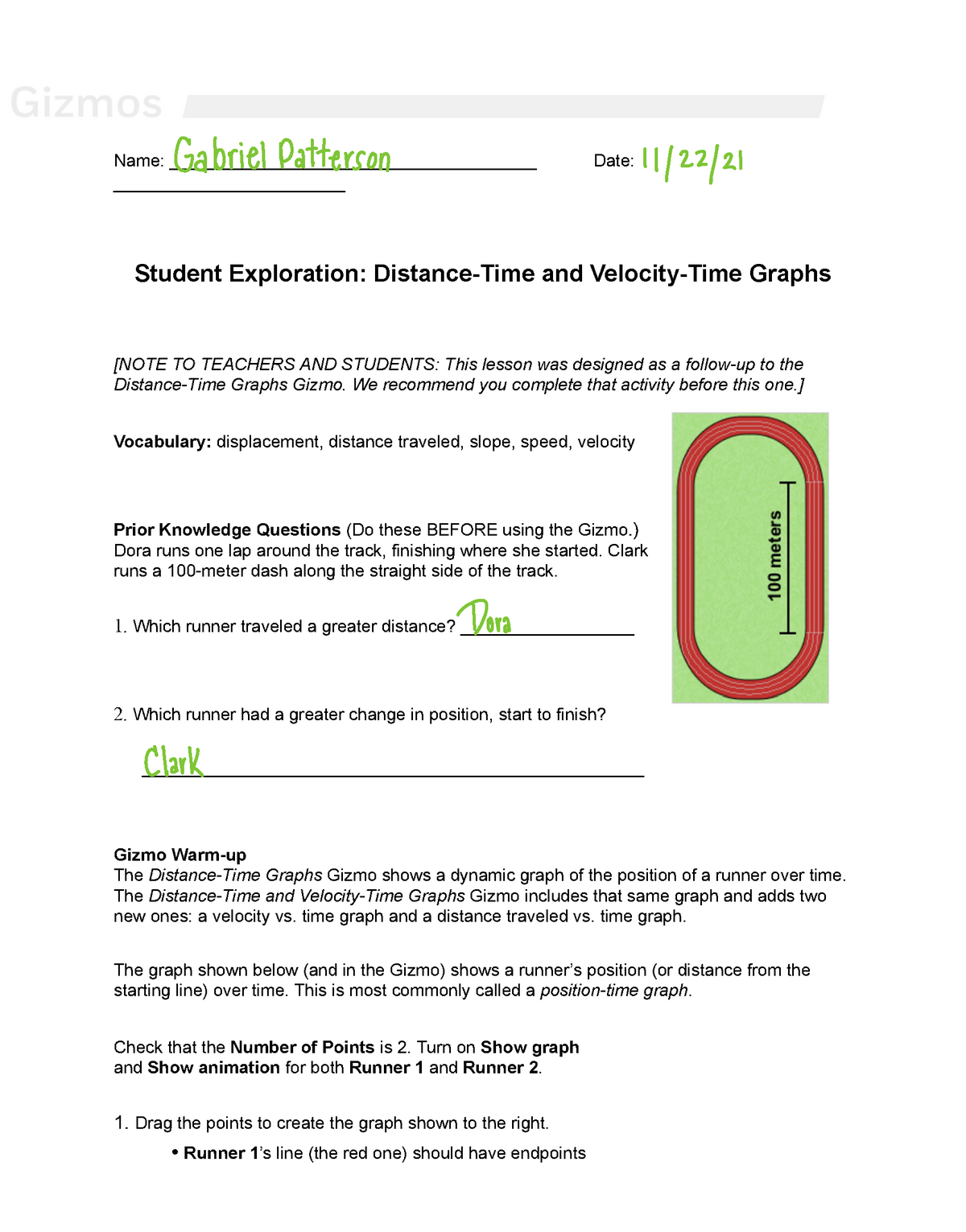 Distance Time Velocity Gizmo Name 