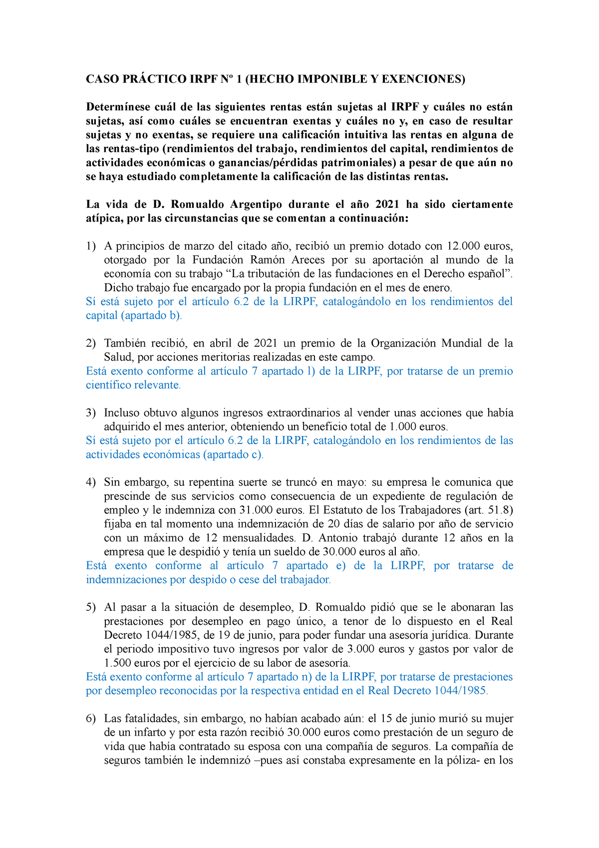 Caso PrÁ Ctico Irpf Nº 1 Caso PrÁctico Irpf Nº 1 Hecho Imponible Y Exenciones Determínese 1619