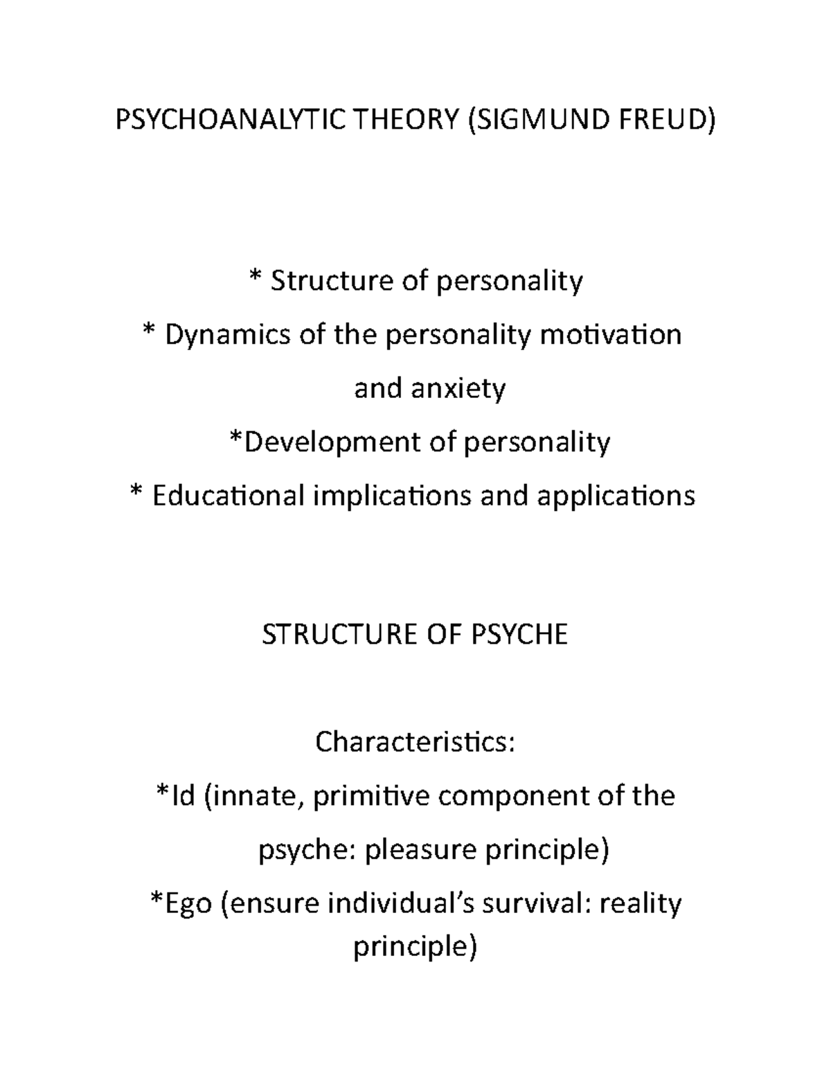 Psychoanalytic Theory - PSYCHOANALYTIC THEORY (SIGMUND FREUD) Structure ...