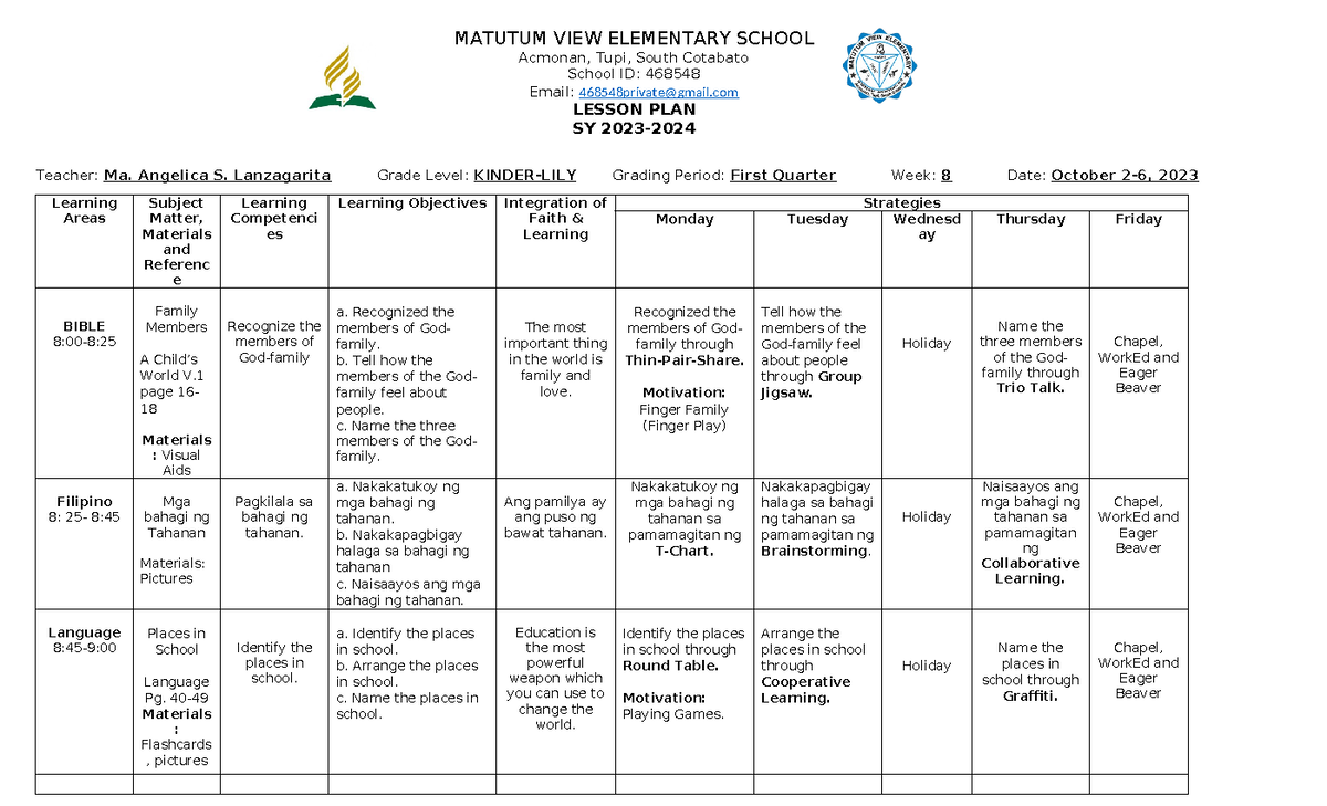 Q1 - lesson plan in EPP - MATUTUM VIEW ELEMENTARY SCHOOL Acmonan, Tupi ...