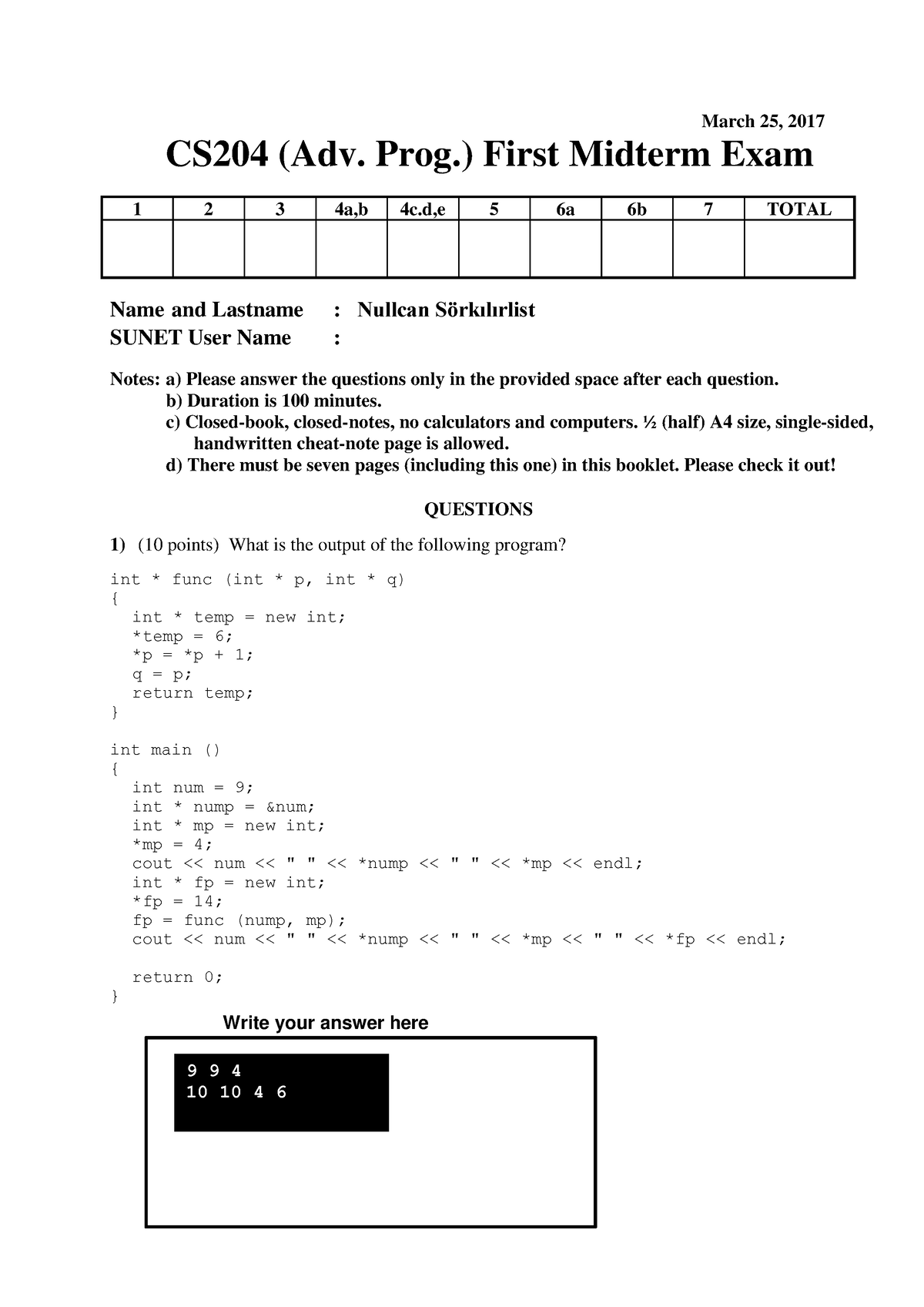 Spring 2017 Midterm 1-Solutions - March 25, 2017 CS204 (Adv. Prog ...