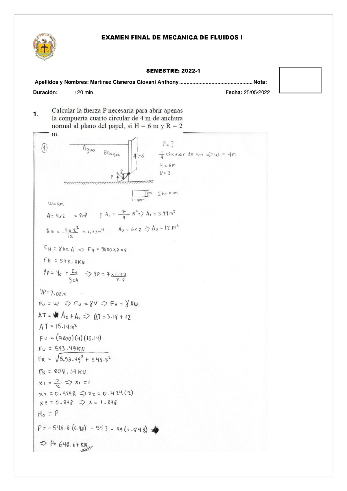 Evaluacion Final- Mecanica De Fluidos - EXAMEN FINAL DE MECANICA DE ...