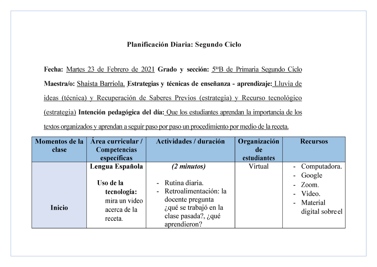 La receta planficación - Planificación Diaria: Segundo Ciclo Fecha: Martes  23 de Febrero de 2021 - Studocu