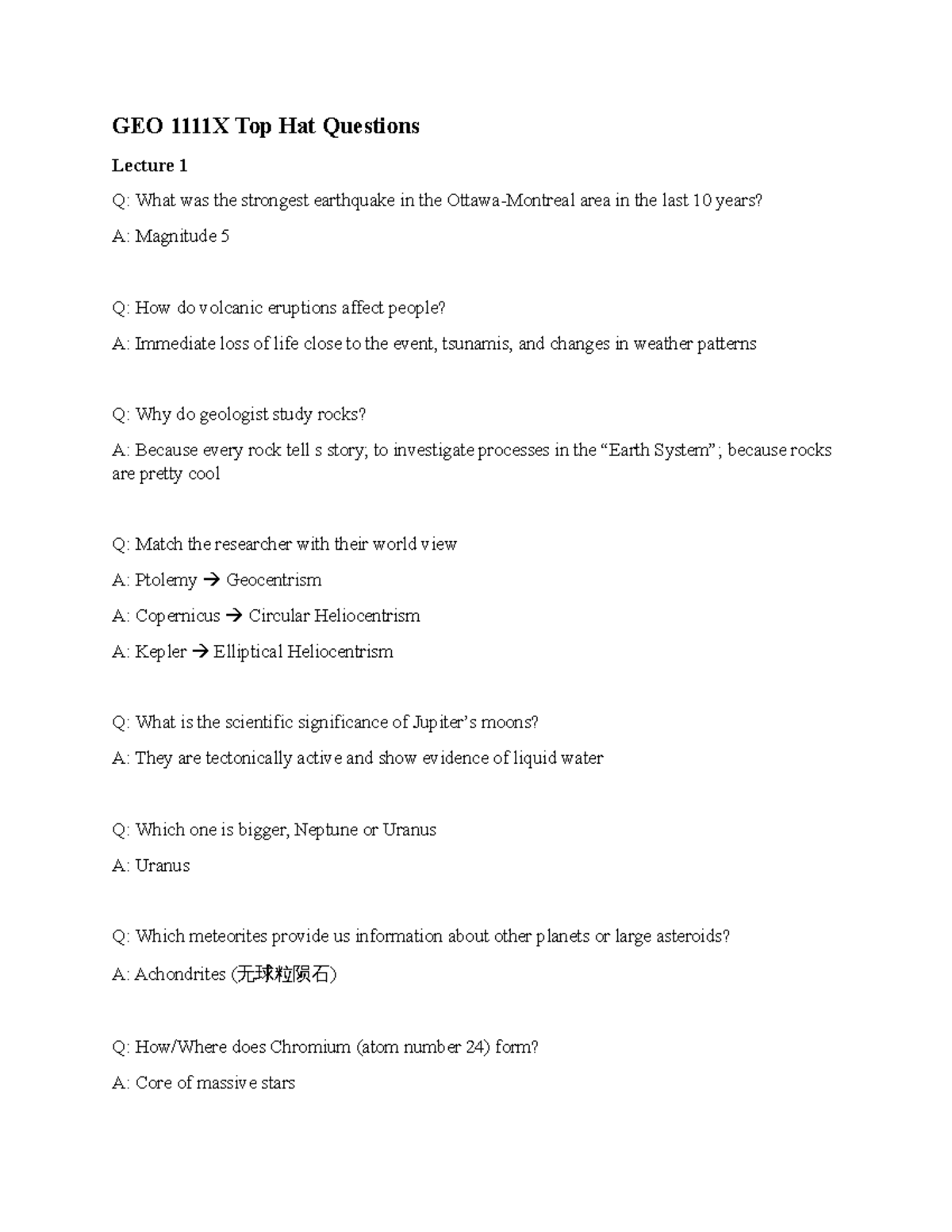 GEO 1111X Top Hat Questions GEO 1111X Top Hat Questions Lecture 1 Q