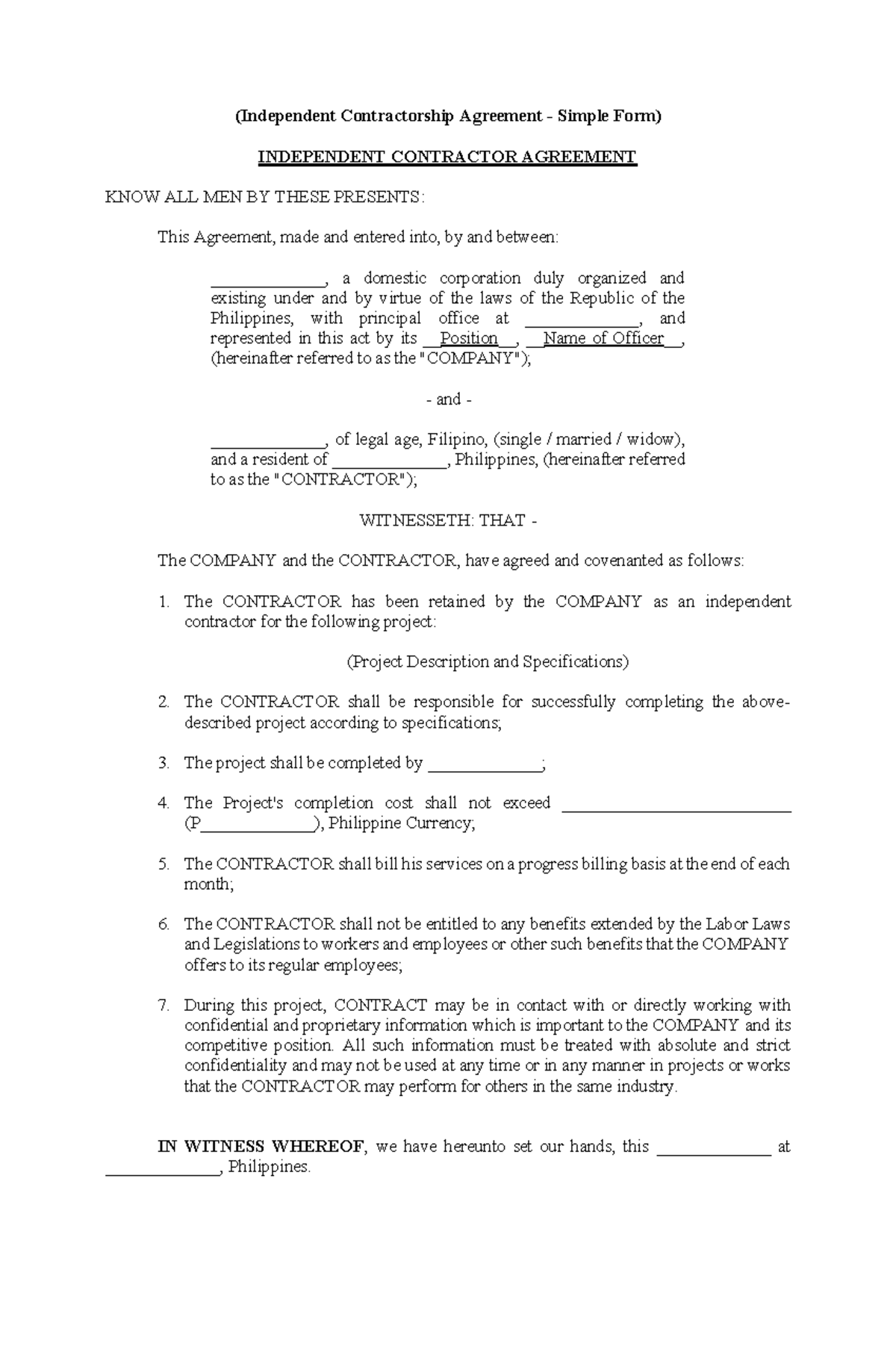 Independent Contractorship Agreement - All such information must be ...
