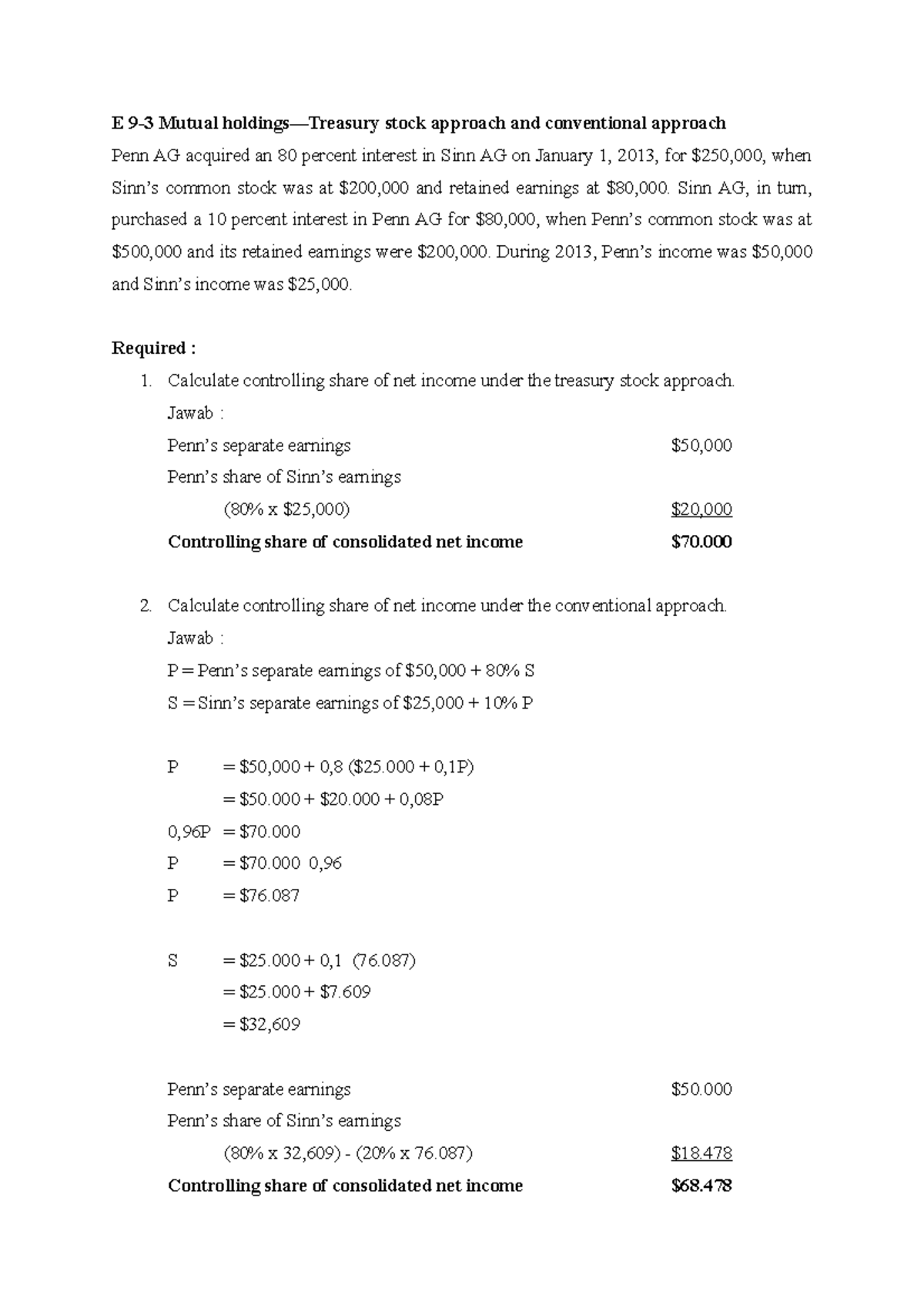 Assignment Advanced Accounting Beams [Exercise 9-3] - E 9-3 Mutual ...