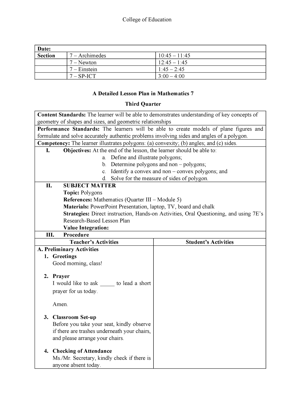 Detailed Lesson Plan in Mathematics 7E's format - Copy - College of ...