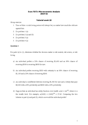 ECON1101 ECON7073 10 1 - tutorial 10 - ECON7073 - Studocu