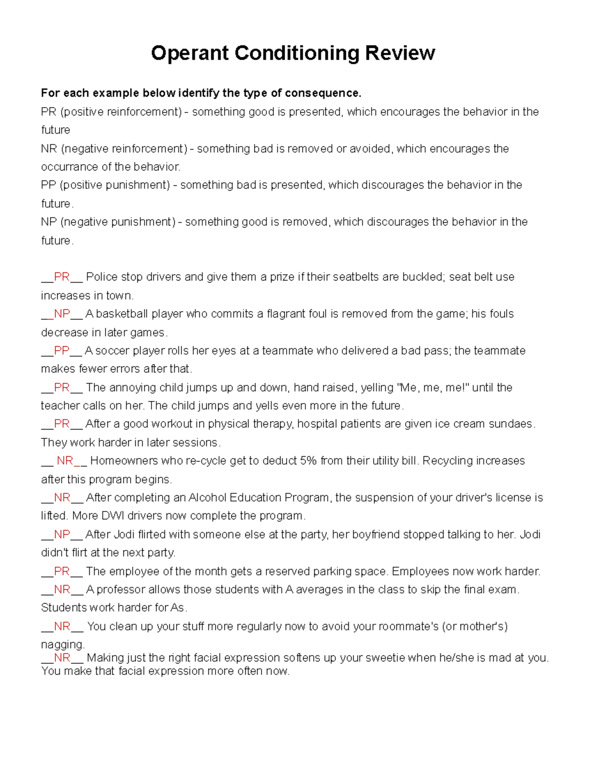 Operant Conditioning Review Exercise Answers Operant Conditioning
