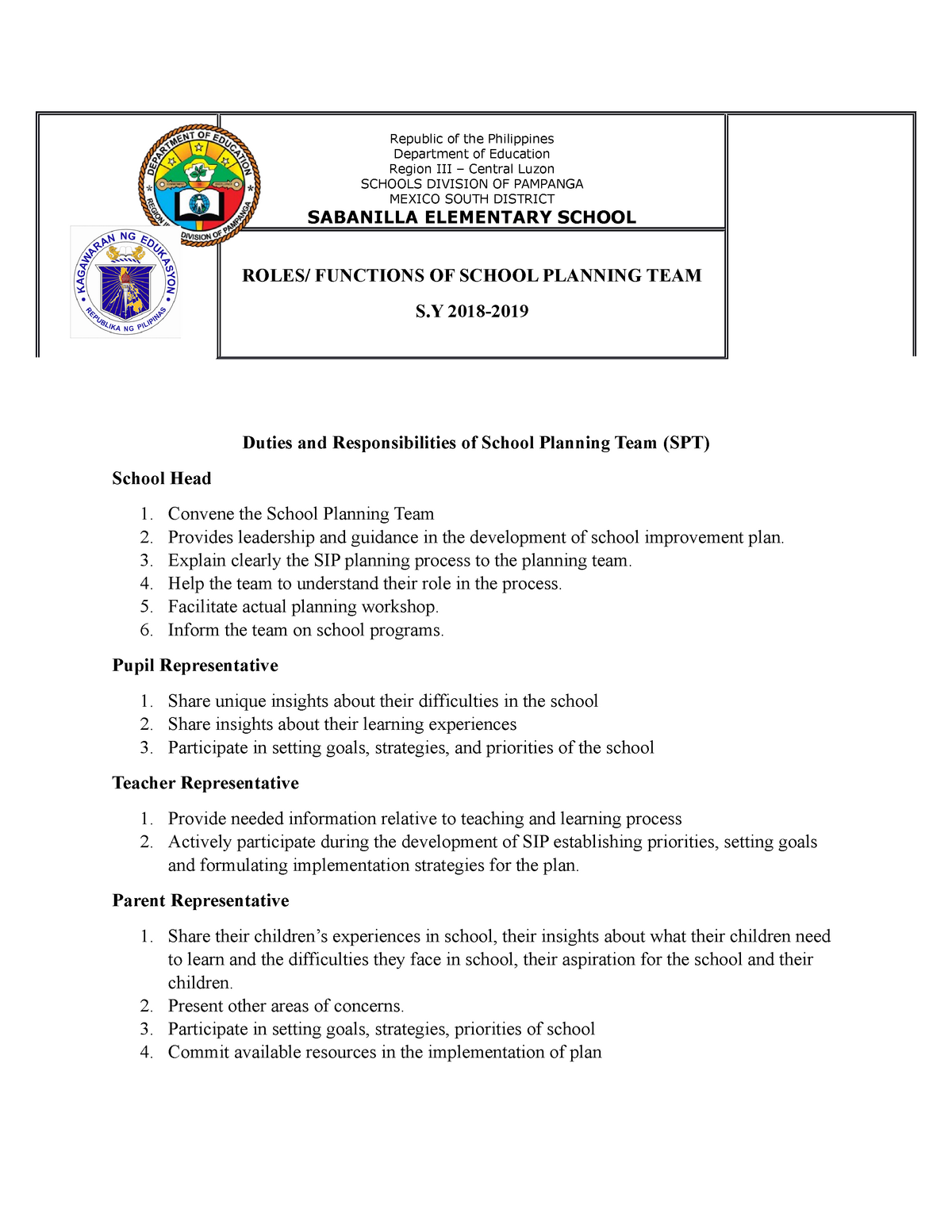 Roles And Function Spt 2018-2019 - Republic Of The Philippines Department  Of Education Region Iii – - Studocu