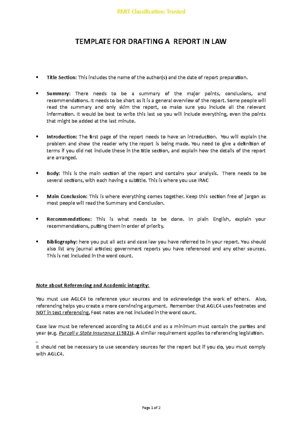 Legal Report Template BL 2 TEMPLATE FOR DRAFTING A REPORT IN LAW 