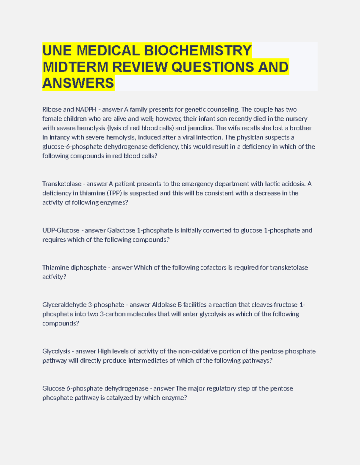 UNE Medical Biochemistry Midterm Review Questions AND Answers UNE