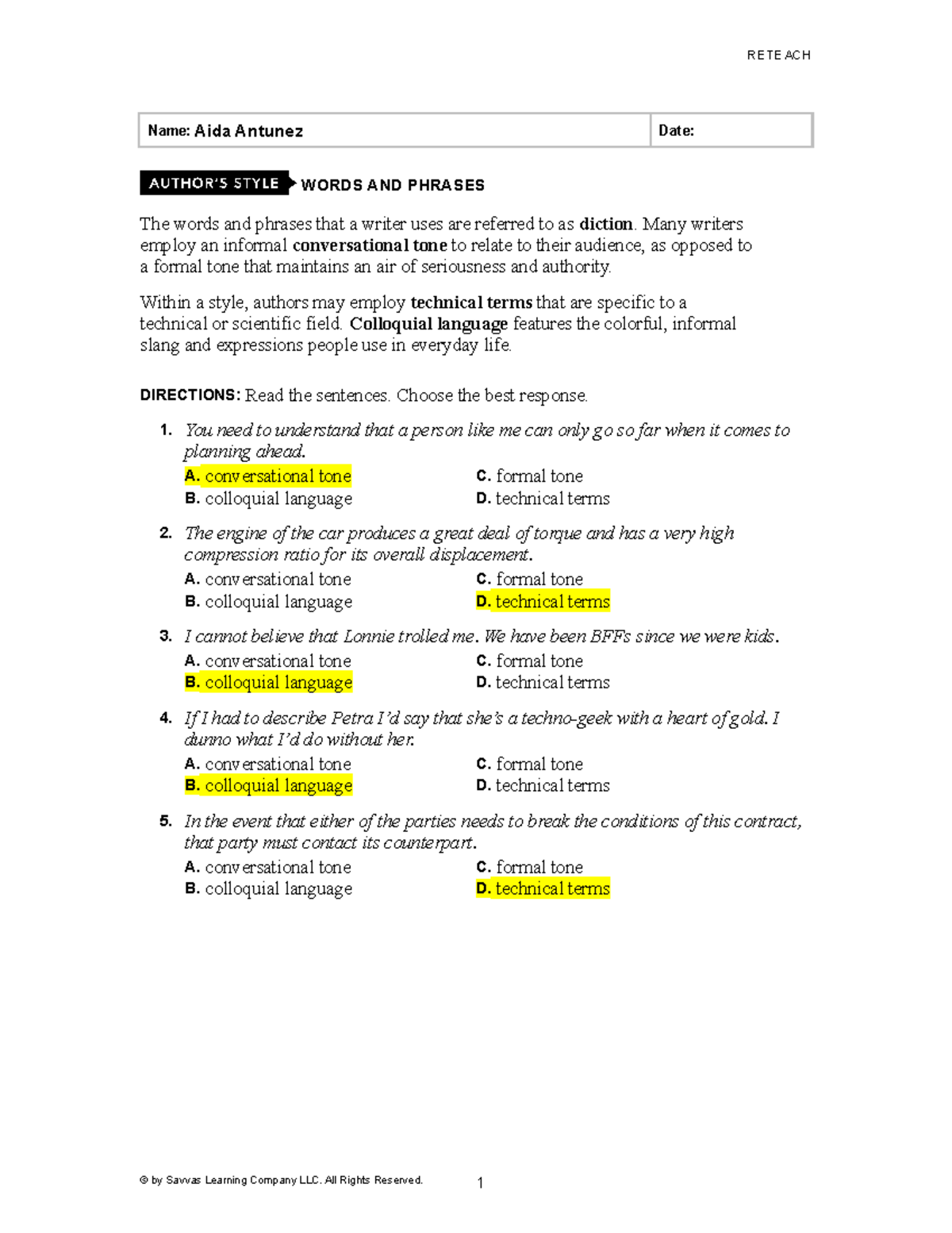 English diction - tarea - RETEACH Name: Aida Antunez Date: WORDS AND ...