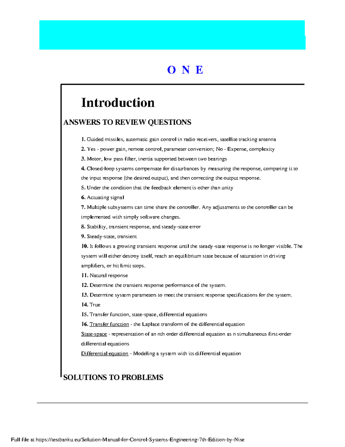 Solution Manual For Control Systems Eng7th - O N E Introduction ANSWERS ...