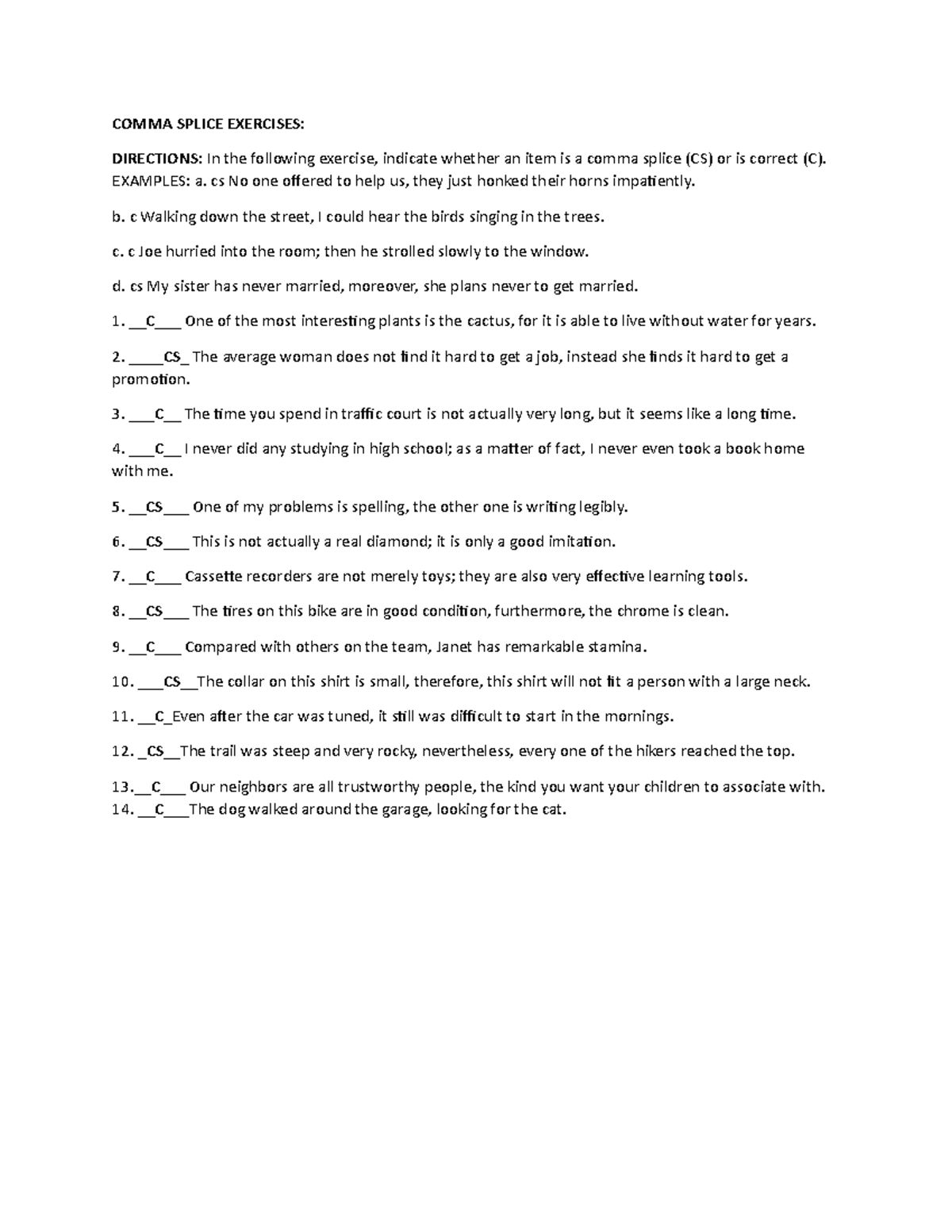 Comma Splice Exercises COMMA SPLICE EXERCISES DIRECTIONS In The
