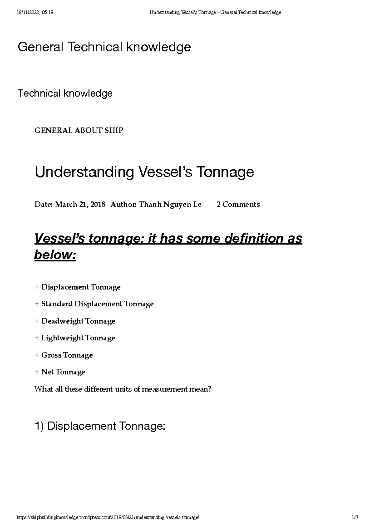 Understanding Vessel’s Tonnage General Technical knowledge General