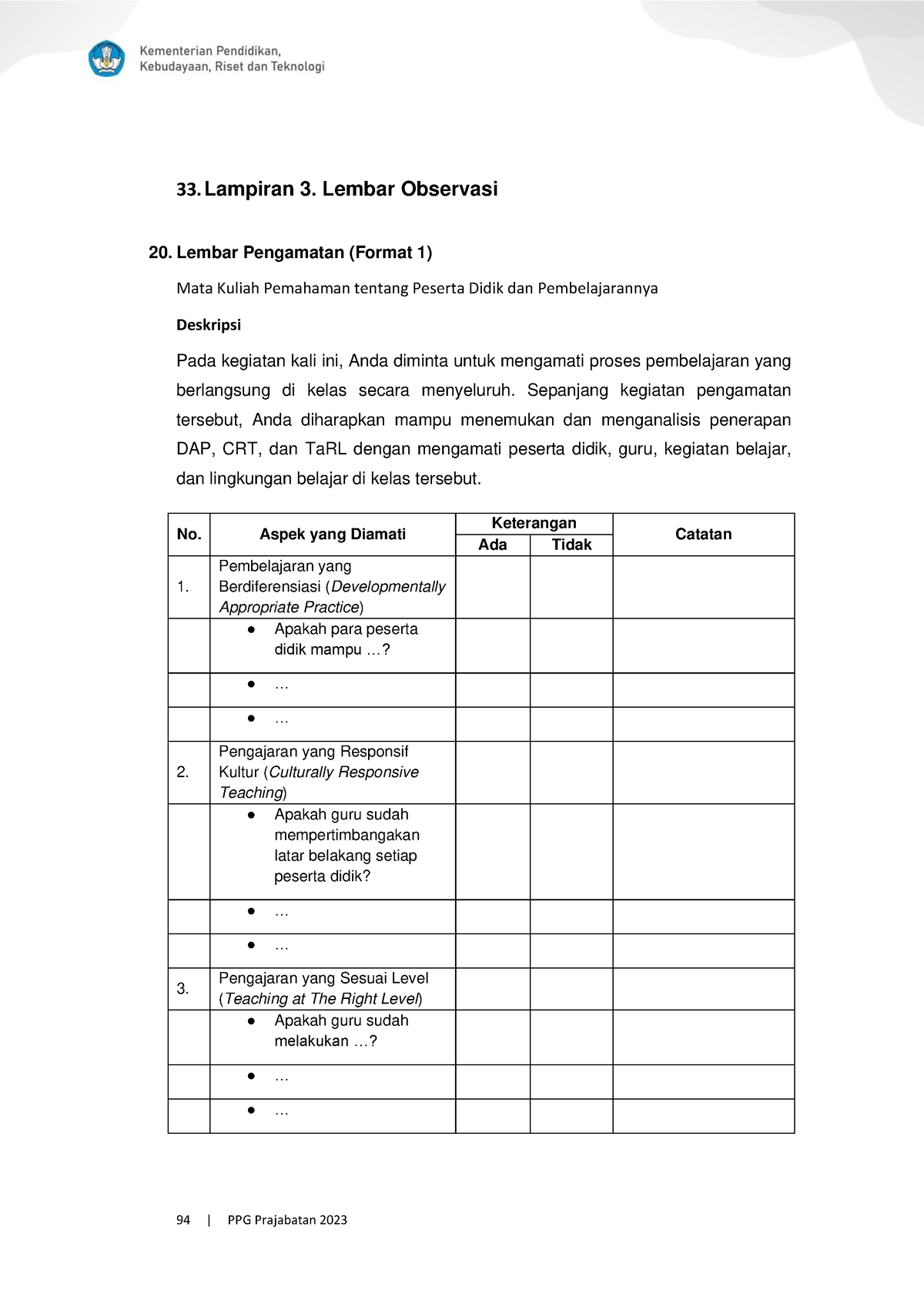 Lembar Pengamatan Tugas Observasi Mata Kuliah Pemahaman Peserta Didik 94 Ppg Prajabatan 5372